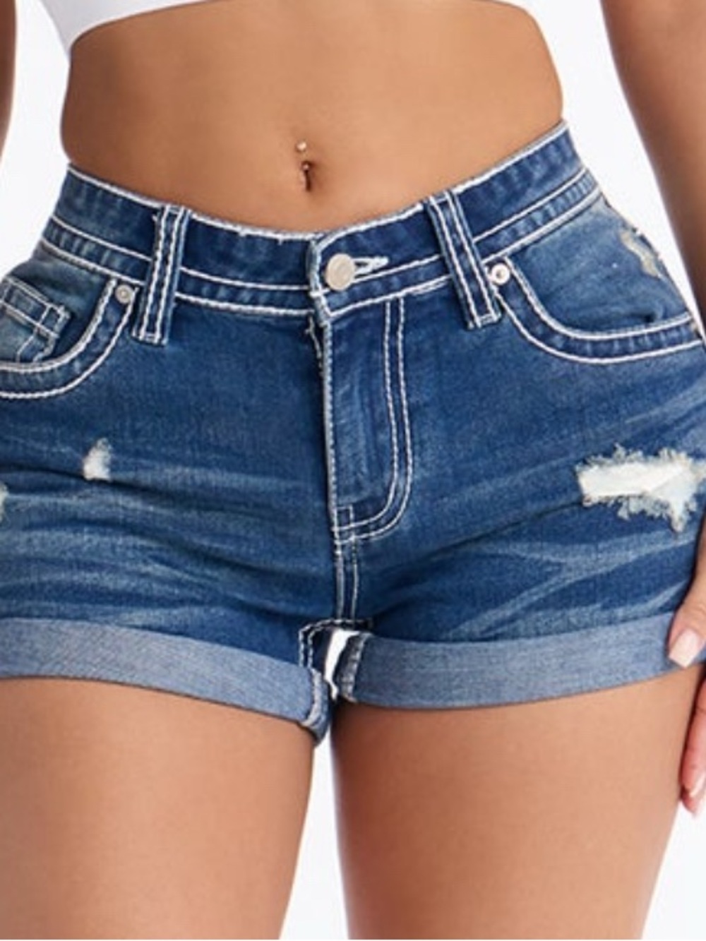 Fashion Nova Distressed Dark Blue Rolled Hem Denim Shorts